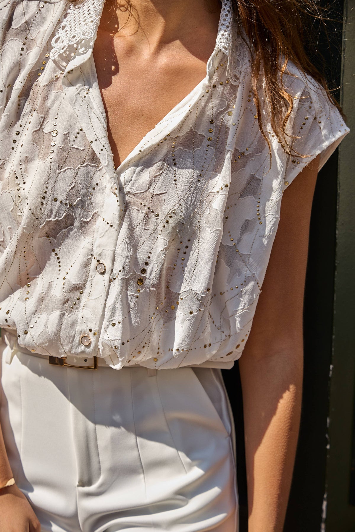 Capped Sleeve Lacey Shirt with Gold | Ecru