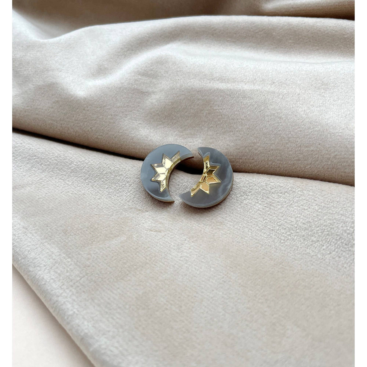 Aurora Mini Moon Stud Earrings - Slate Marble & Gold