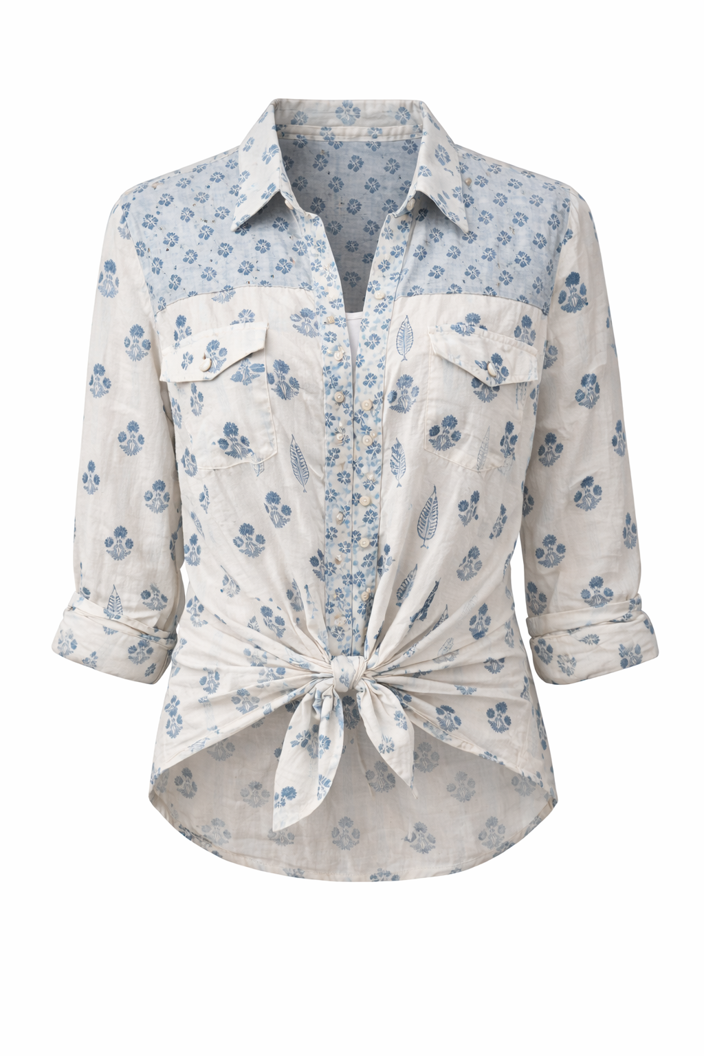 Western Style Woodblock Printed Cotton Voile Shirt | Blues