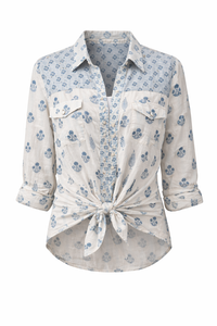 Western Style Woodblock Printed Cotton Voile Shirt | Blues