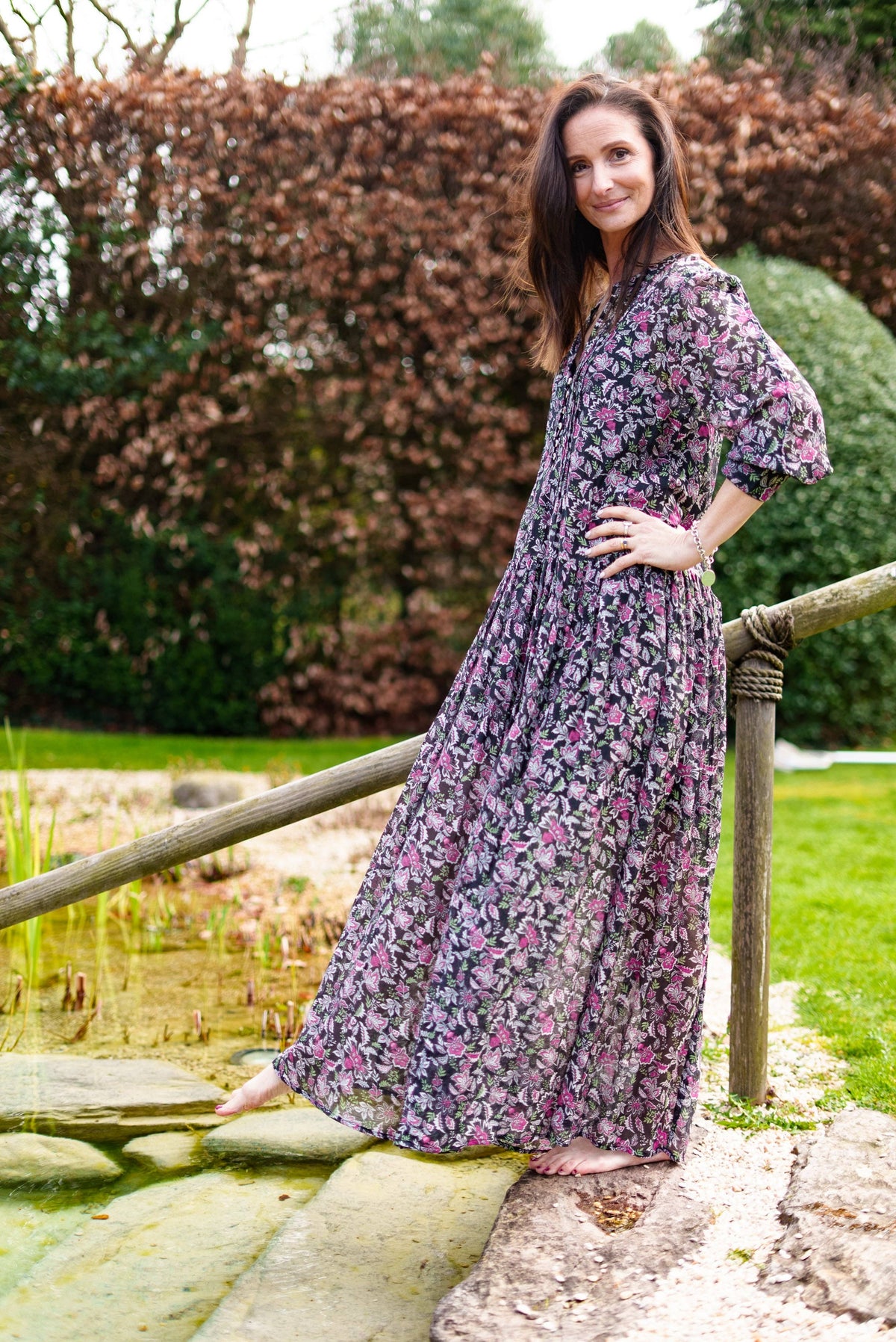 Floral Printed Cotton and Silk Maxi Dress | Black