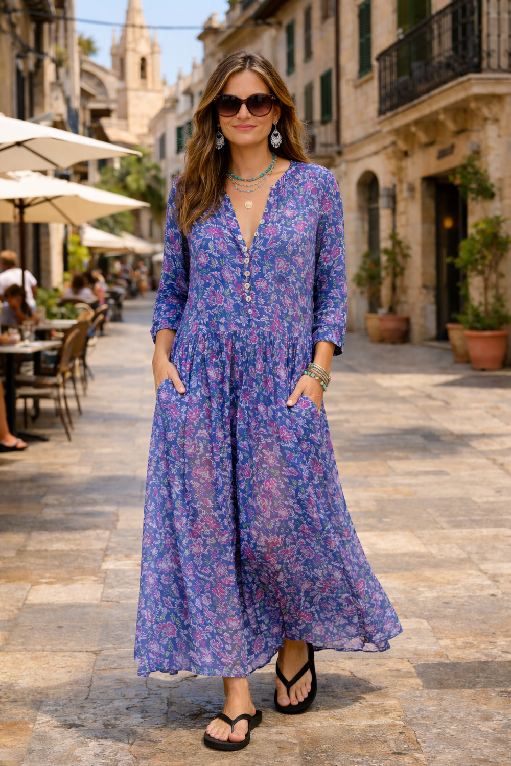Floral Printed Cotton and Silk Maxi Dress | Blue