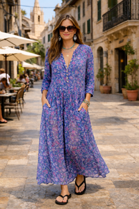 Floral Printed Cotton and Silk Maxi Dress | Blue