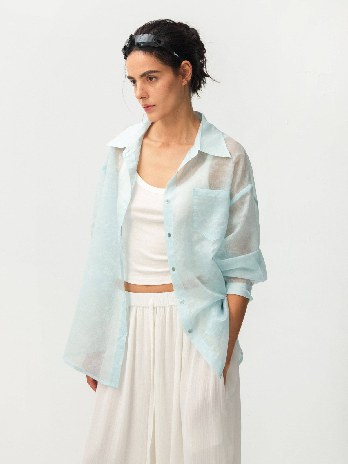Lyocell Oversized Sheer Button-Down Shirt | Mint Green