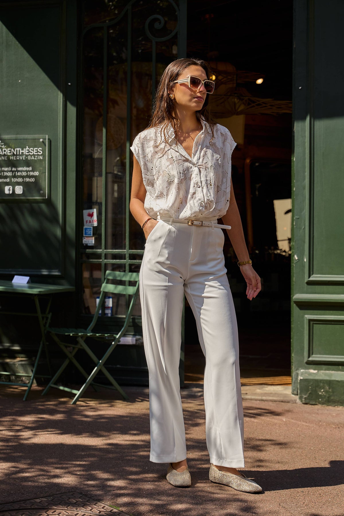 Capped Sleeve Lacey Shirt with Gold | Ecru