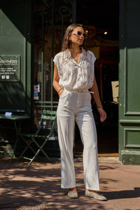 Capped Sleeve Lacey Shirt with Gold | Ecru