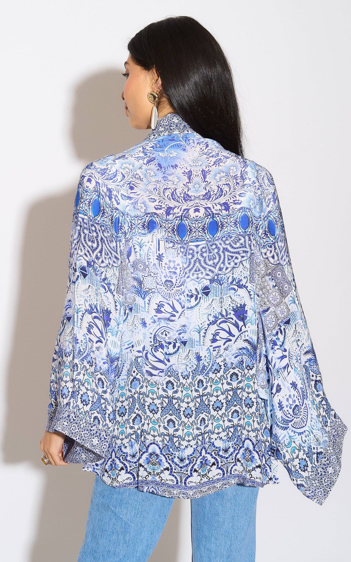 Lux Bordered Kimono in Azulejos Print