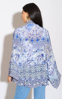 Lux Bordered Kimono in Azulejos Print