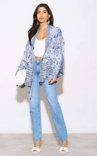 Lux Bordered Kimono in Azulejos Print