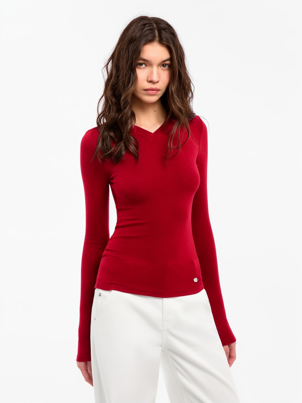 Wool Blend Long Sleeve V Neck Jumper | Red
