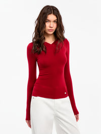 Wool Blend Long Sleeve V Neck Jumper | Red