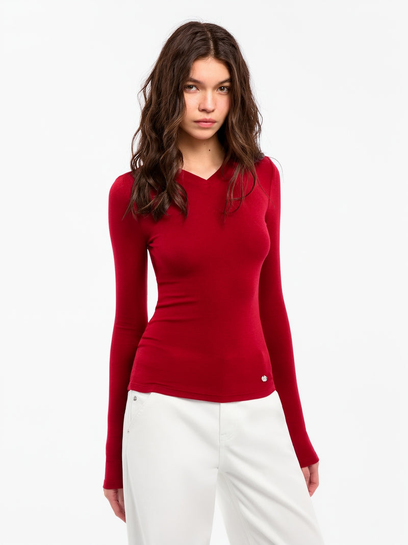 Wool Blend Long Sleeve V Neck Jumper | Red