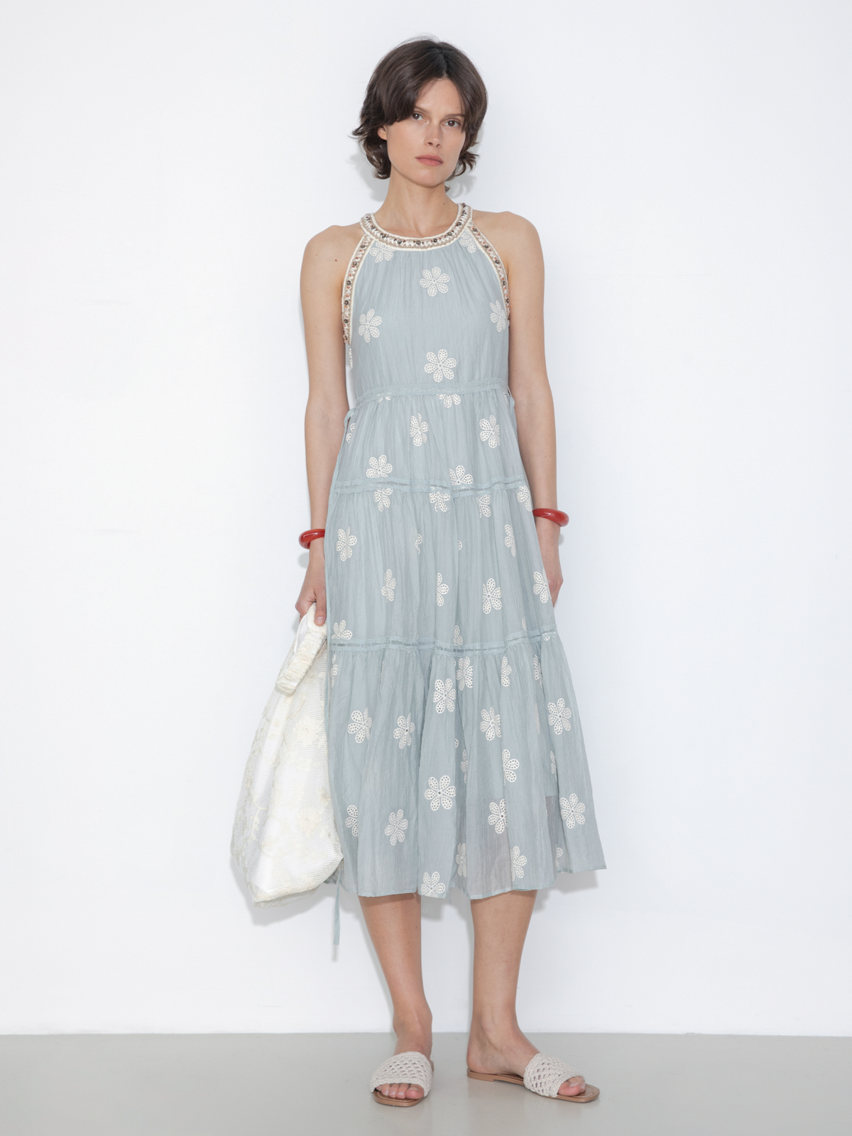 A-Line Halter Round-Neck Embroidered Maxi Dress