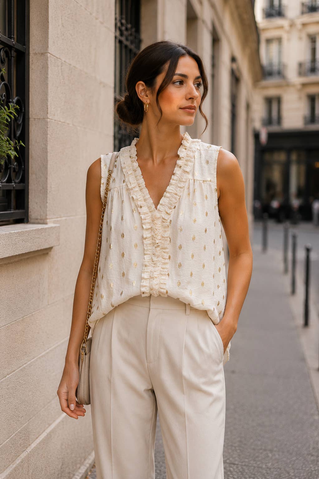 Ruffled Trim V Neck Top in Ecru and Gold