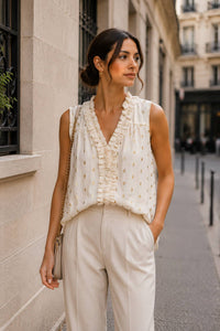 Ruffled Trim V Neck Top in Ecru and Gold