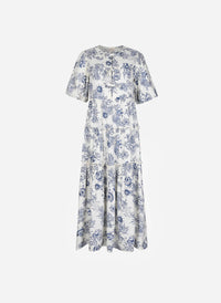 OZKAR Indigo Sea Shell Printed Dress in Navy & White with Bow Front Closure