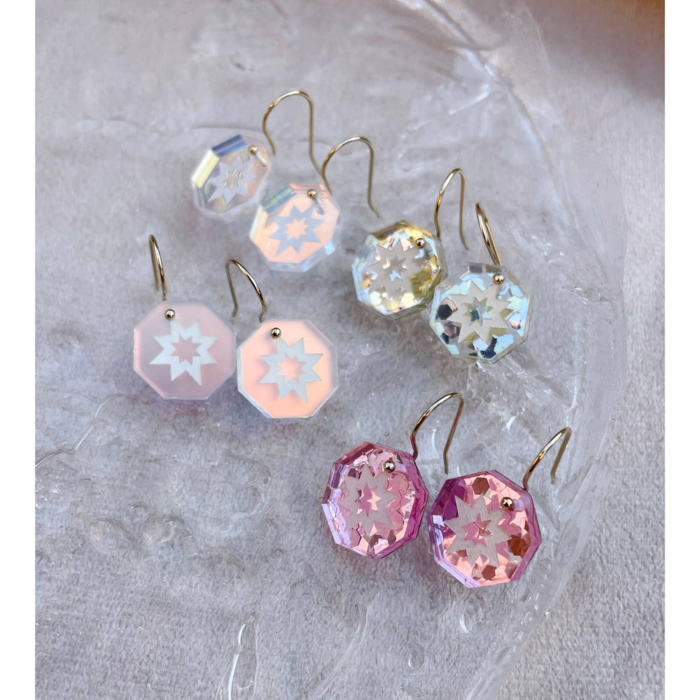Mini Star Geo Drop Earrings - Pink Glitter
