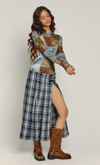 Blue & Brown Patchwork Mesh High Neck Top