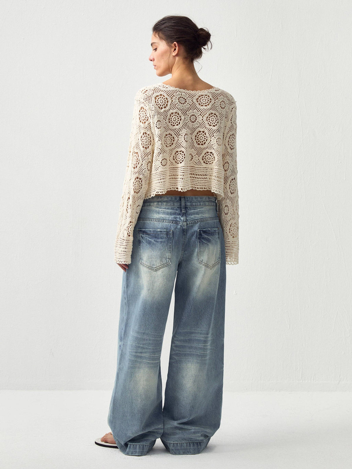 Cotton Crochet Lace Trim Cropped Cardigan