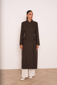 Fitting Long Coat with High Collar | Chocolate Brown
