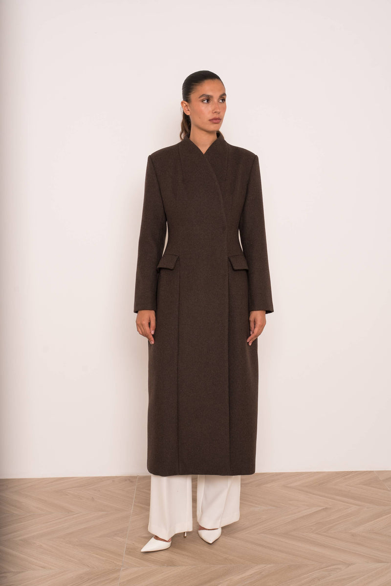 Fitting Long Coat with High Collar | Chocolate Brown