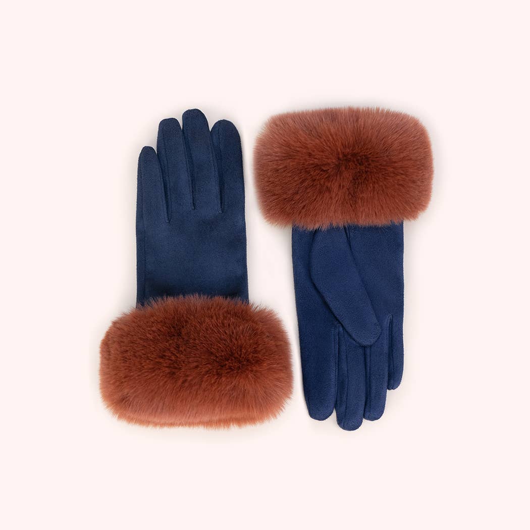 Bettina Faux Suede/Fur Gloves in Navy