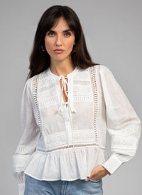 SYNDIOU White Lace Cotton Blouse with Tie Detail in White