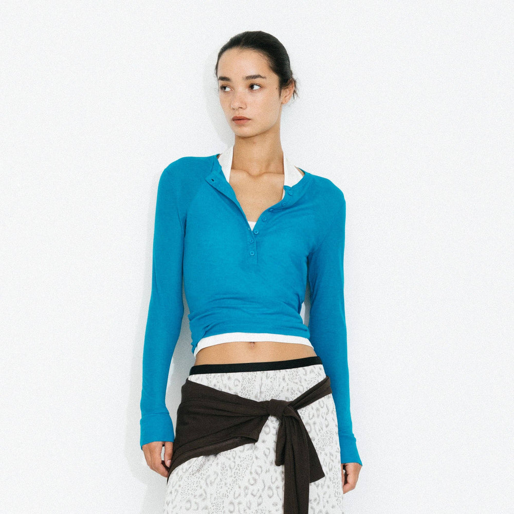 C by CUBIC Henley Neck Slim-Fit Long-Sleeve Top | Aqua