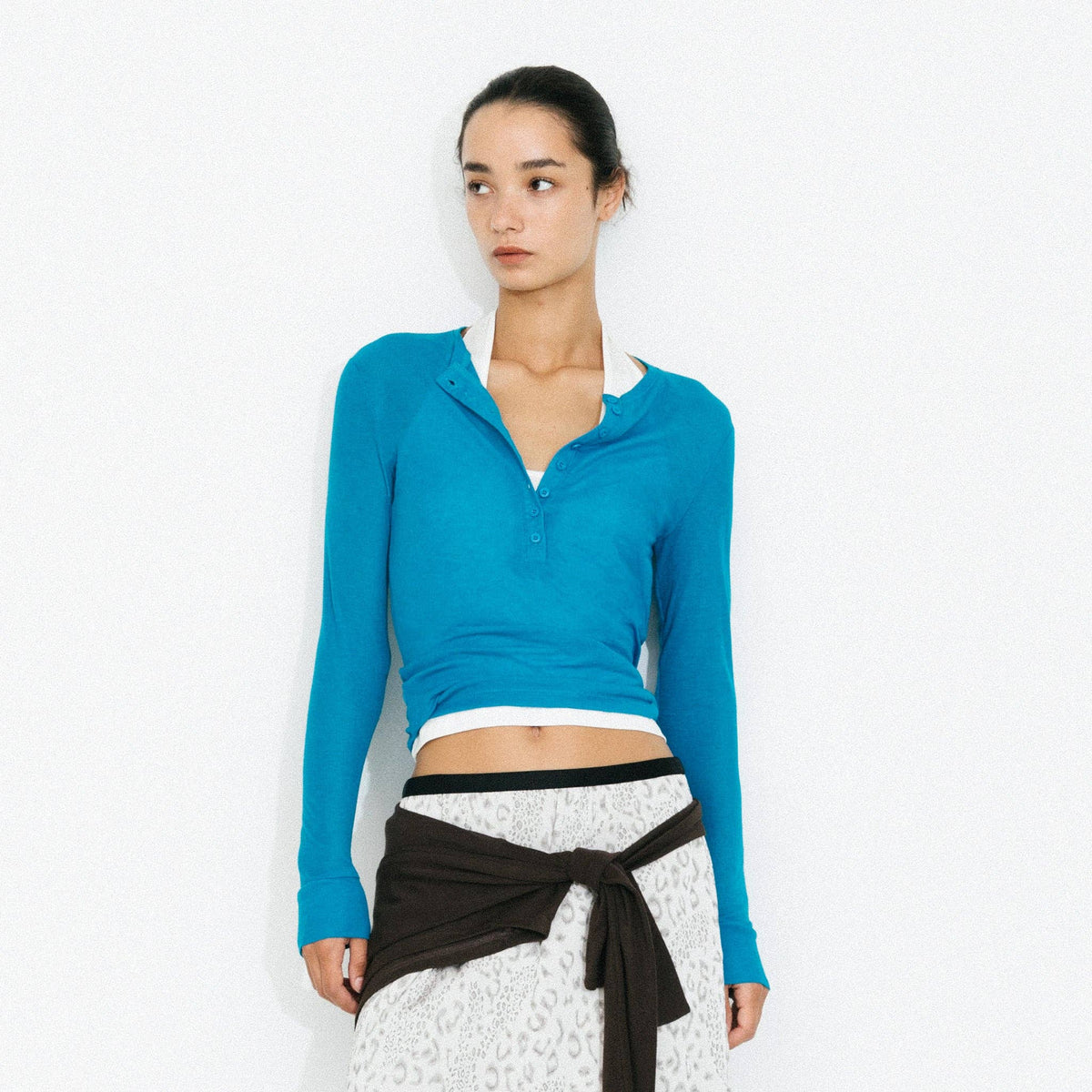 C by CUBIC Henley Neck Slim-Fit Long-Sleeve Top | Aqua