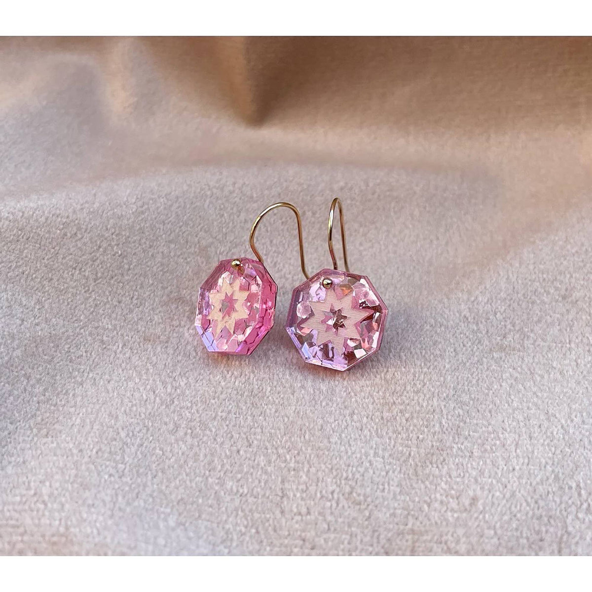 Mini Star Geo Drop Earrings - Pink Glitter