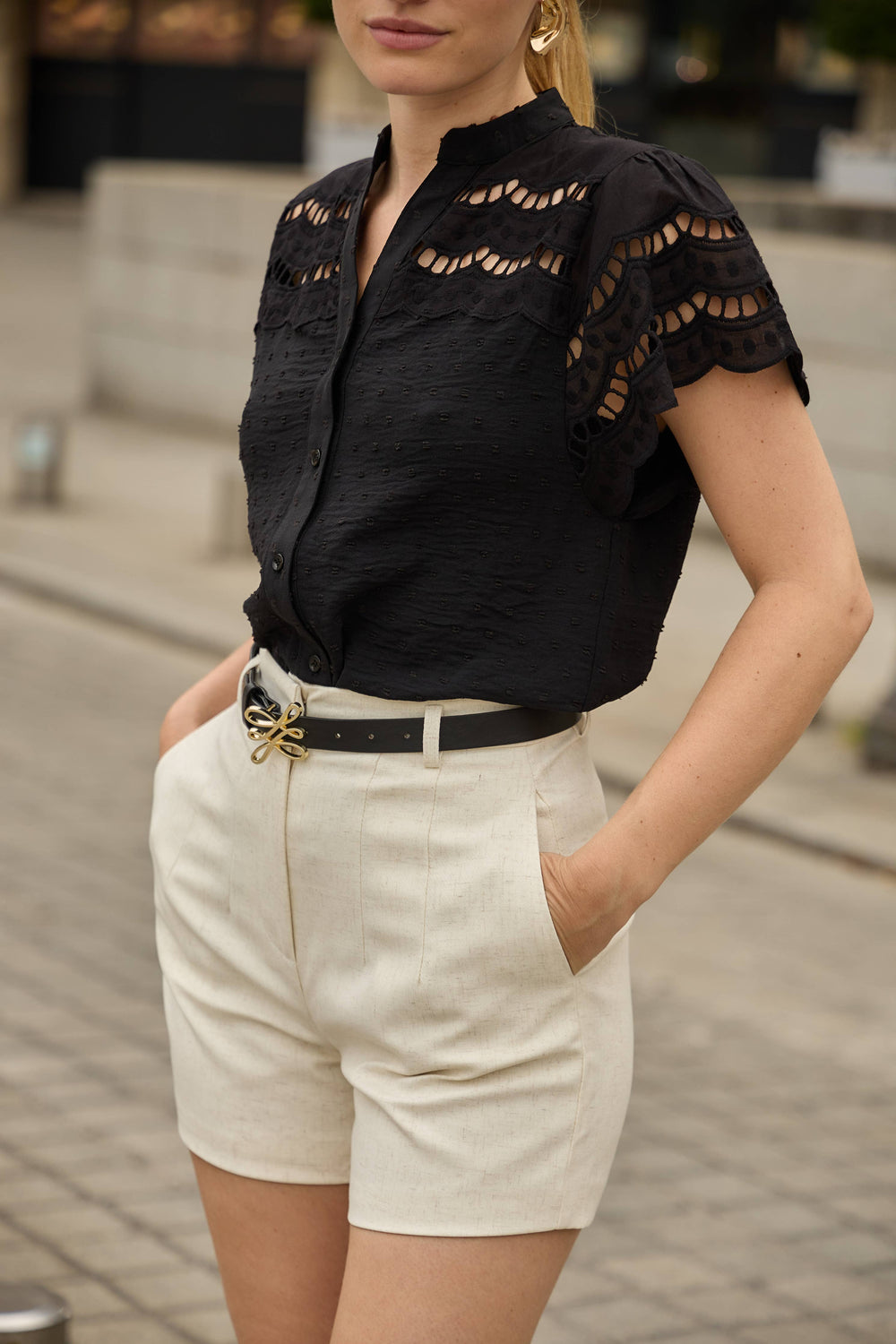 Lace Shoulder Dot Blouse | Black