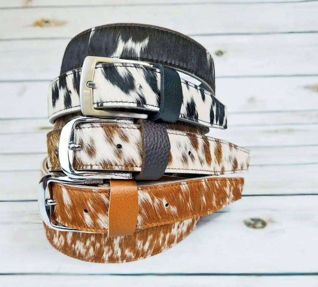 Hair-On Cowhide Leather Belt: Unisex Jean Belt, Handmade