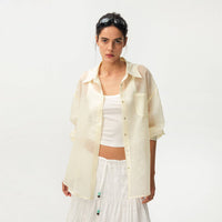 Lyocell Oversized Sheer Button-Down Shirt | Beige