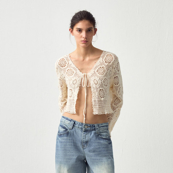 Cotton Crochet Lace Trim Cropped Cardigan