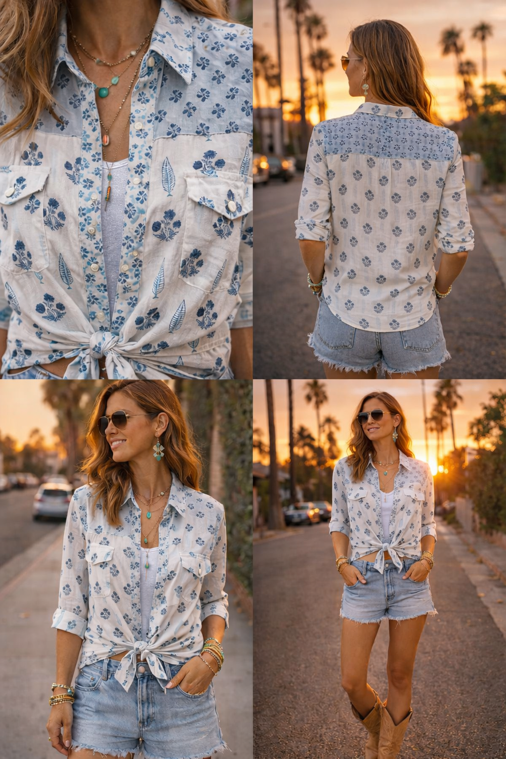 Western Style Woodblock Printed Cotton Voile Shirt | Blues