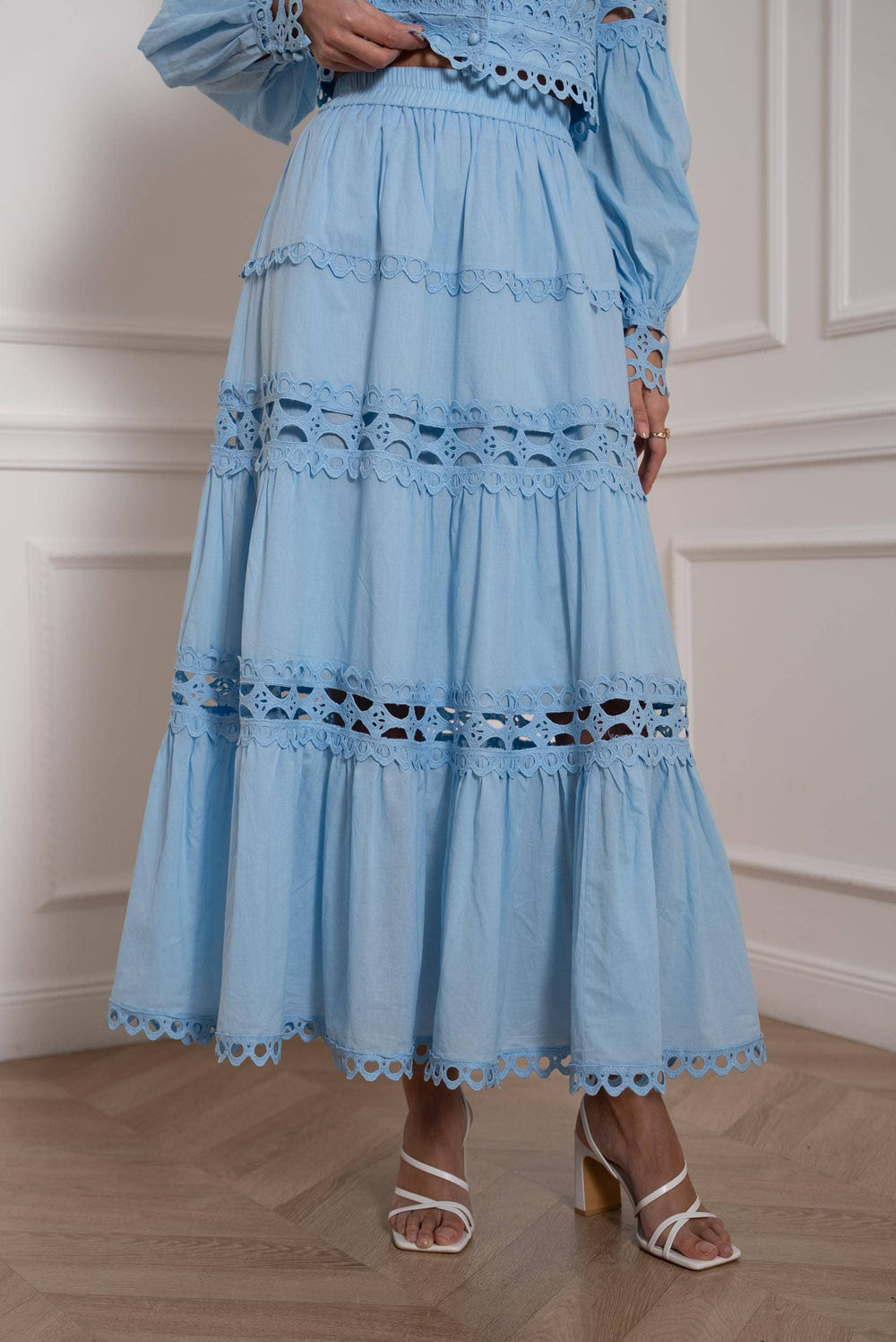 Blue Full Length Cotton Skirt with Openwork Lace Details