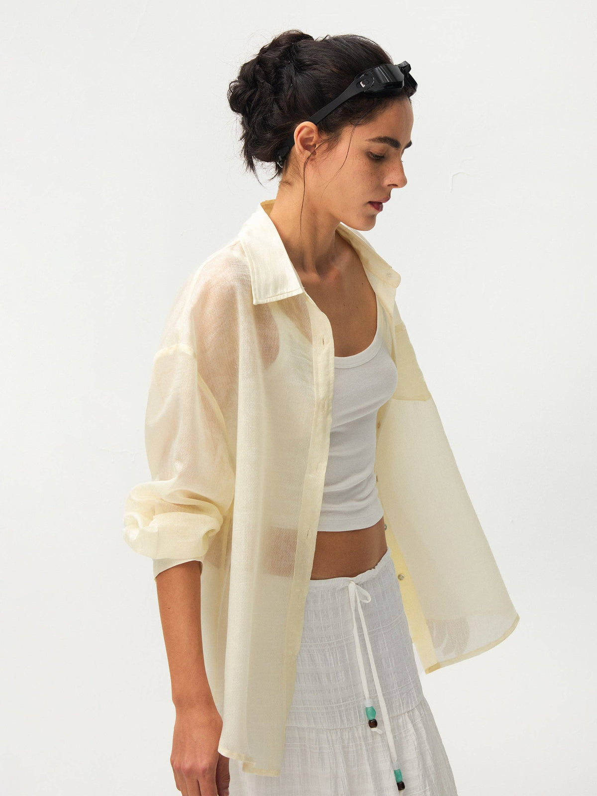 Lyocell Oversized Sheer Button-Down Shirt | Beige