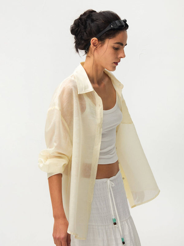 Lyocell Oversized Sheer Button-Down Shirt | Beige