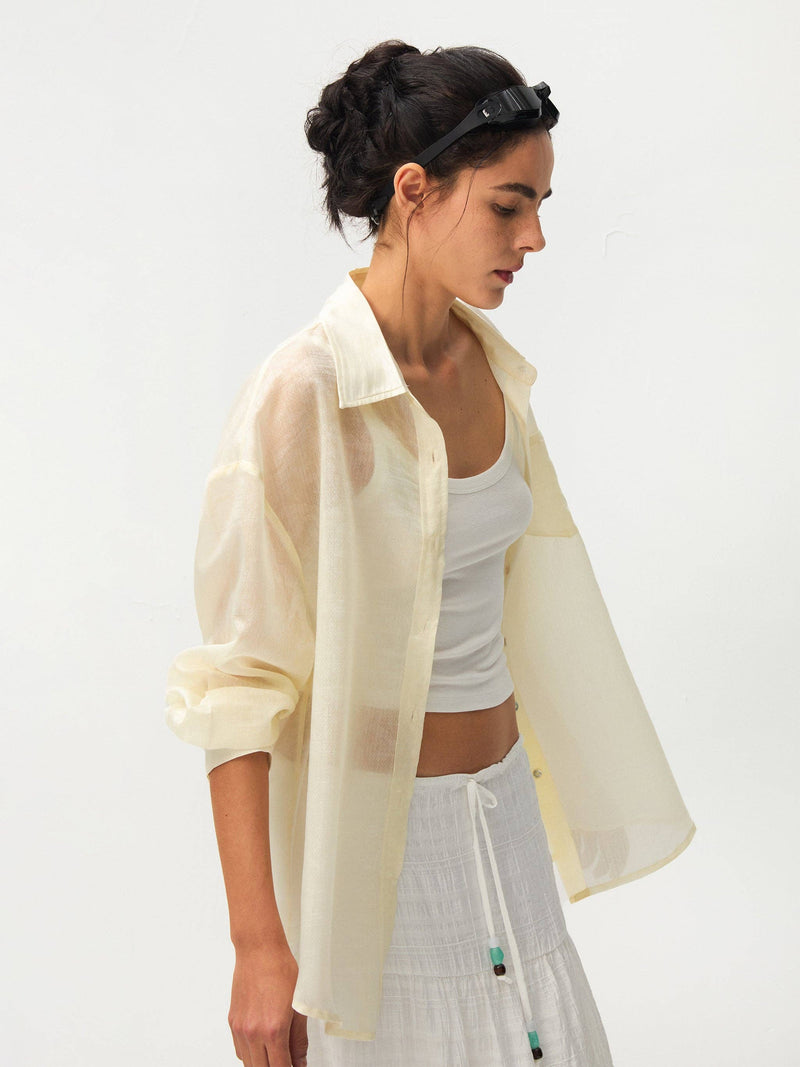 Lyocell Oversized Sheer Button-Down Shirt | Beige