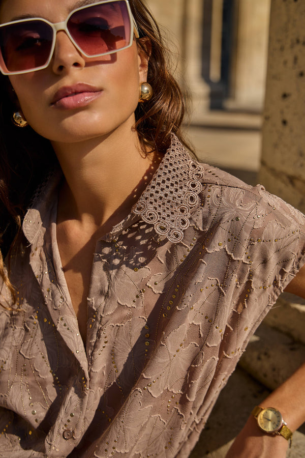 Capped Sleeve Lacey Shirt with Gold Details | Taupe