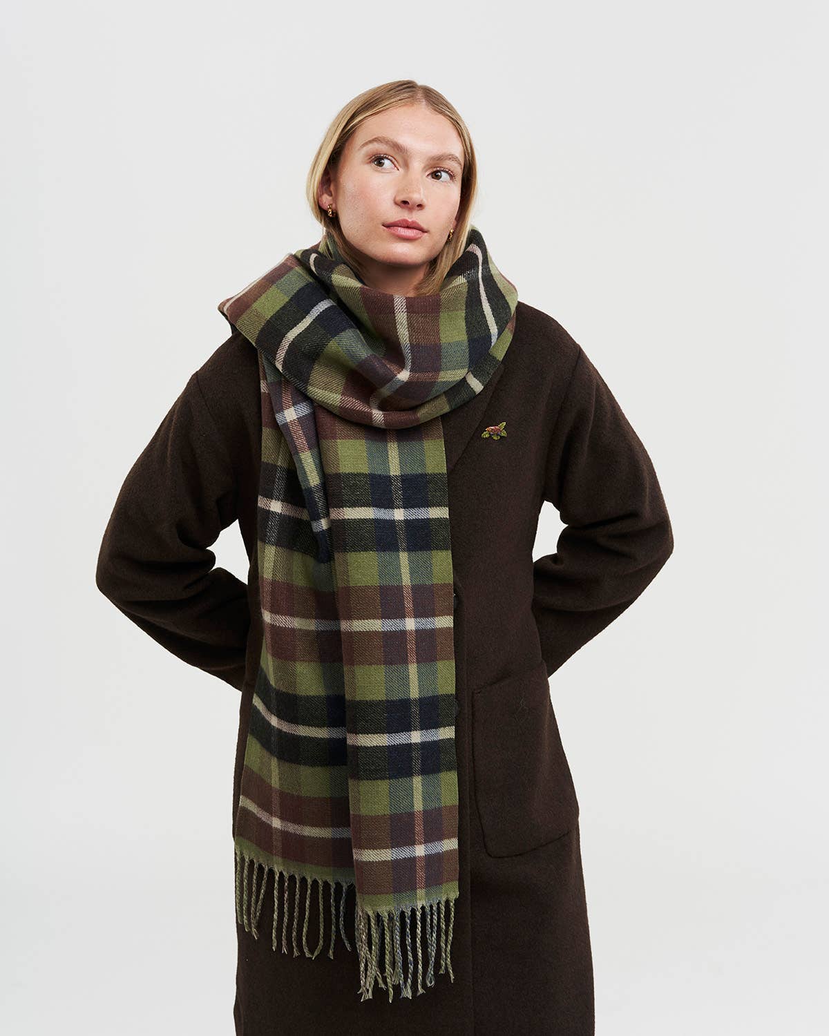 Woodland Scene, Check Long Jacquard Scarf in Khaki