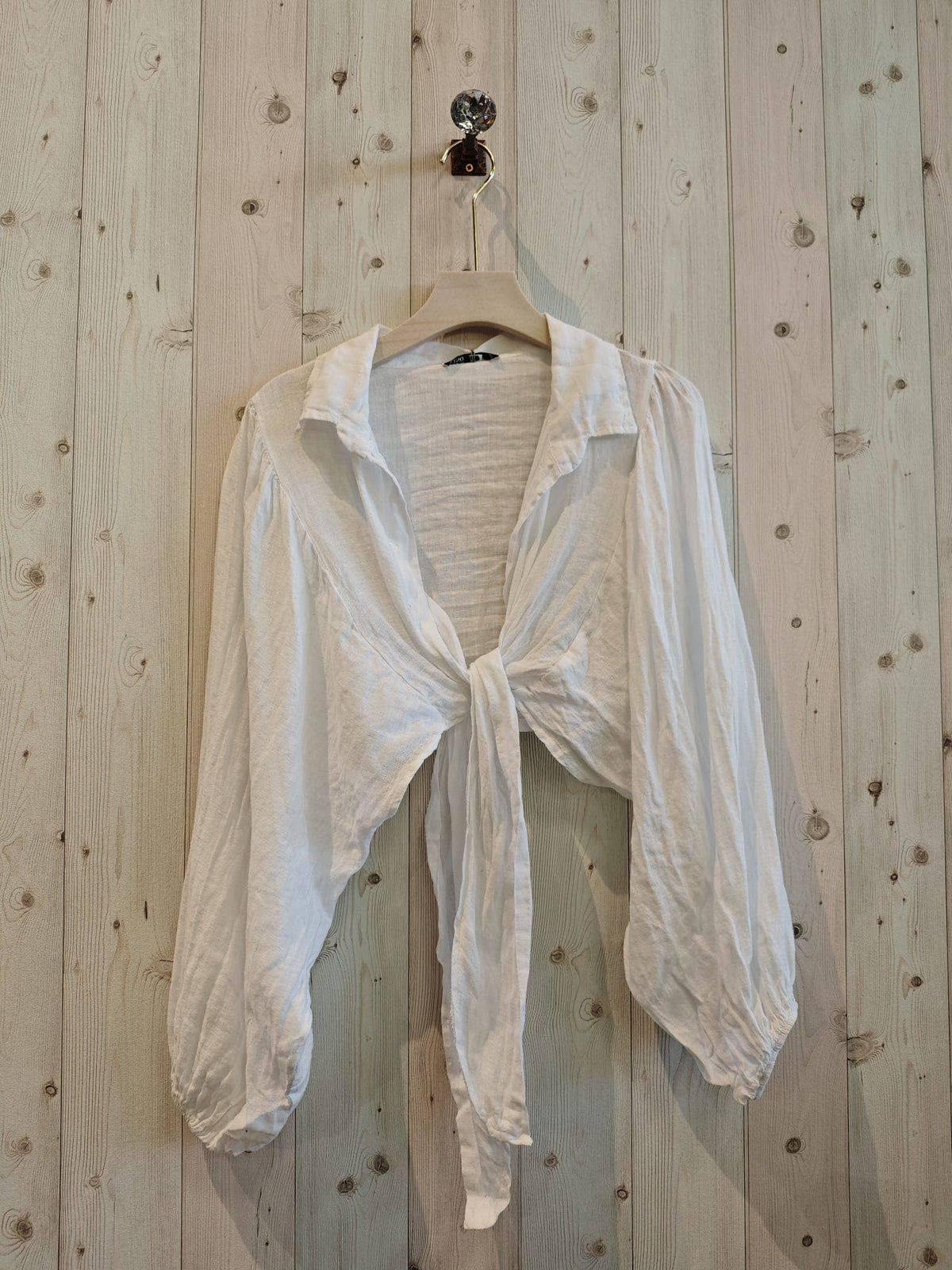 Tie Front Cropped Blouse 100% Linen | White