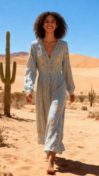 Embroidered Full Length Dress | Blues