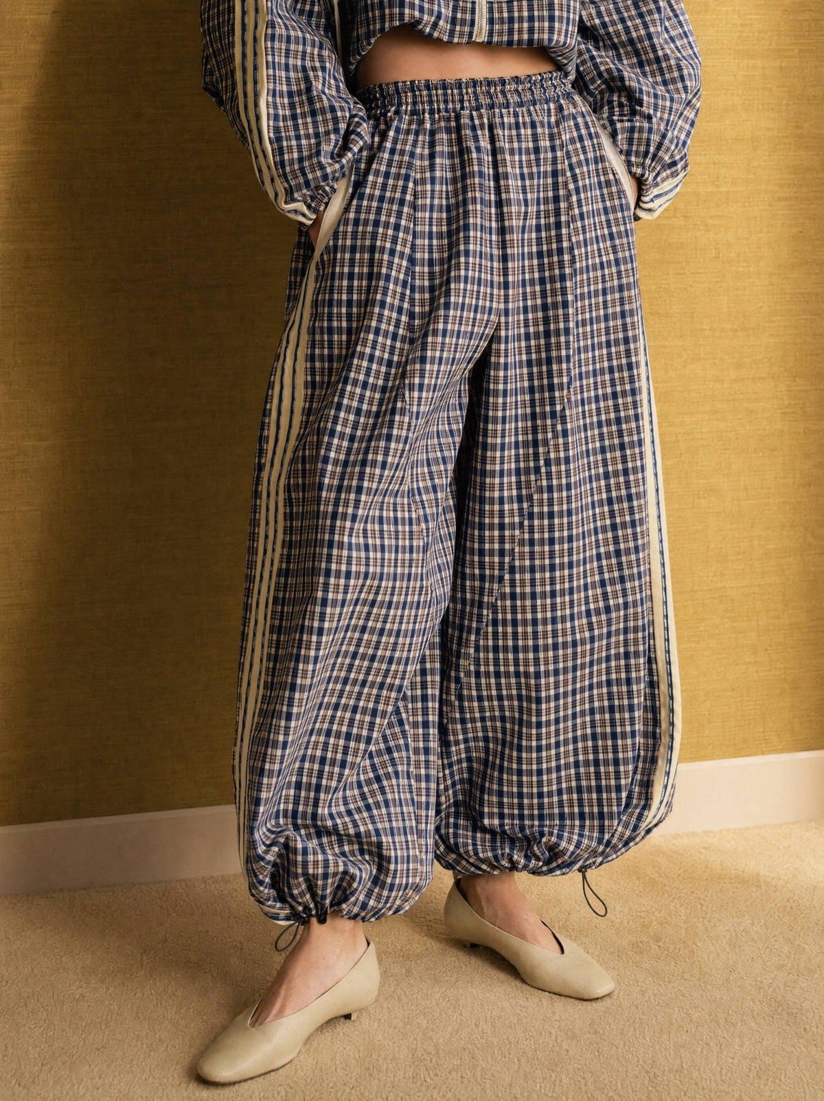 Check Pattern Ballon Track Style Trousers | Navy