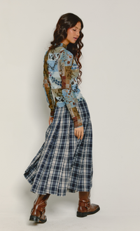 Blue & Brown Patchwork Mesh High Neck Top
