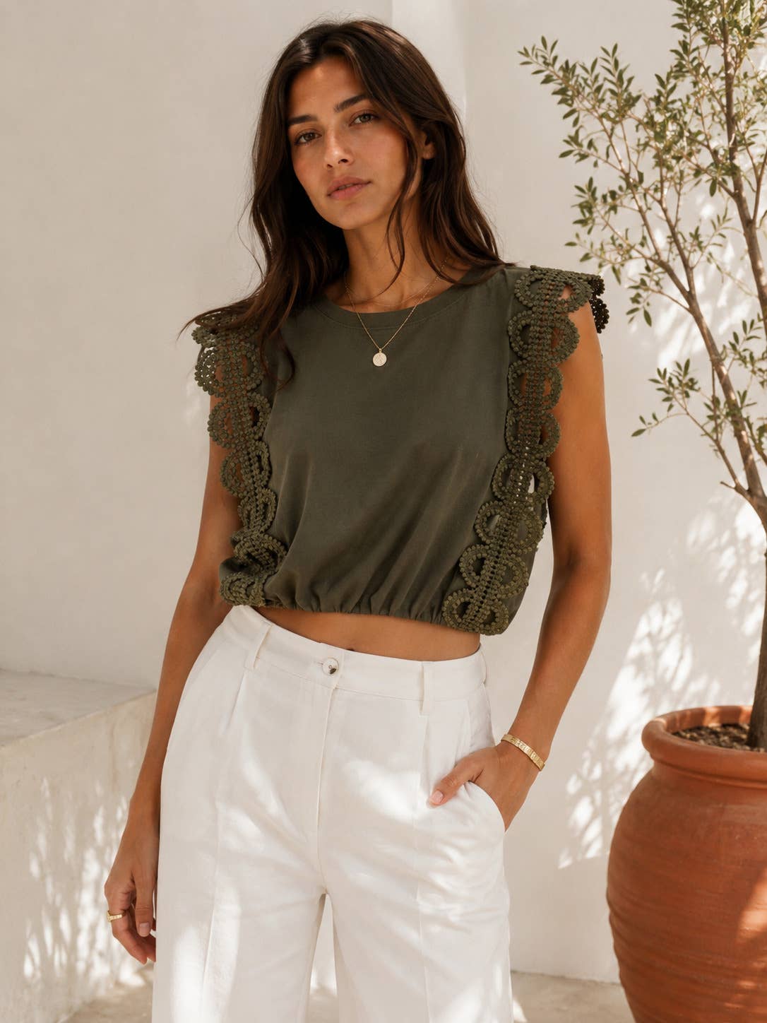 Cotton Lace Crop Top | Khaki