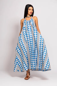 ZAKYNTHOS Blue & white Dress with Halterneck & Pockets