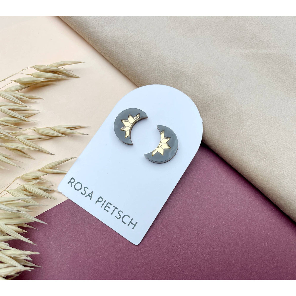 Aurora Mini Moon Stud Earrings - Slate Marble & Gold
