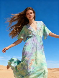 Tie Dye Flowy Embroidered Dress | Pastels