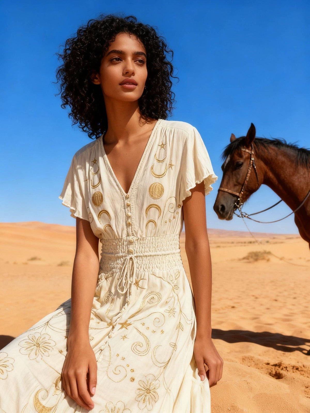 Long Embroidered Dress with V-neck | Natural